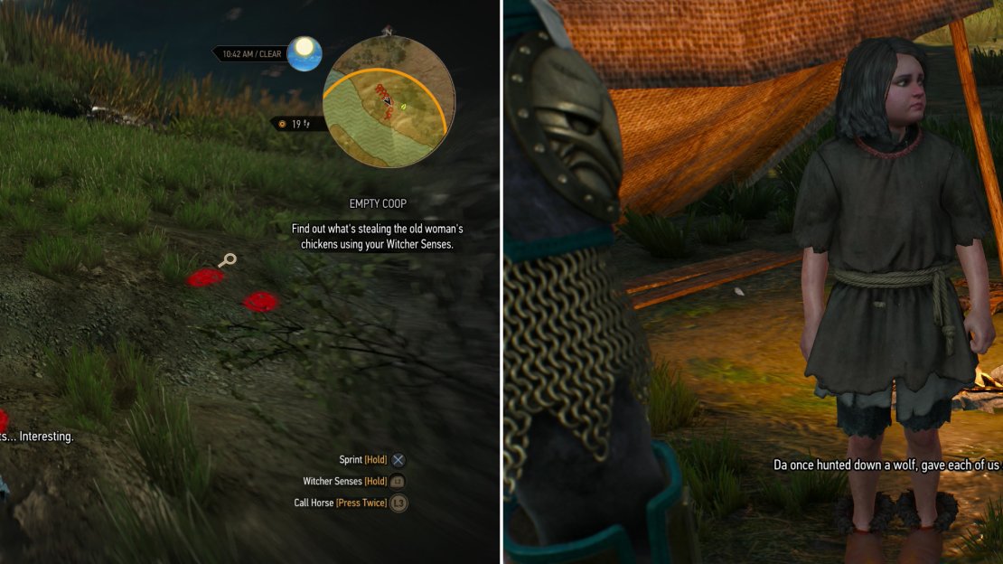 Follow the odd tracks left by the chicken thieves (left), which ultimately lead you to some unlikely culprits (right).