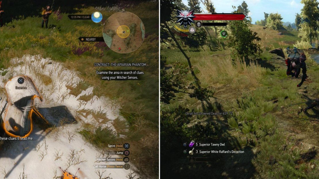 Examine the bee hives, frozen out of season (left) then kill the Drowned Dead who dare to interrupt your search (right).