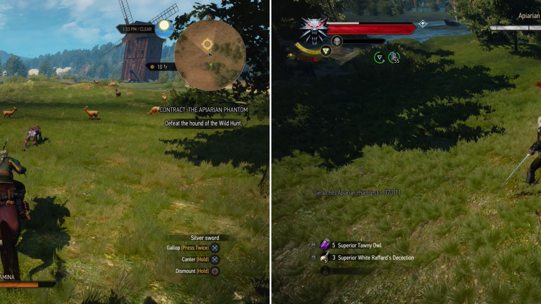 Chase down the “Apiarian Phantom” (left), then when it tires, dismount and slay it (right).