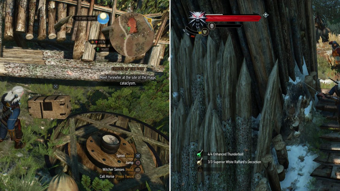 You can find some lucrative treasure near an abandoned siege tower (left). Kill the Bandits in a fort to find that, once again, the sword has eluded you (right).