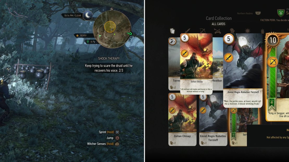 Harrass the druid until he breaks his vow of silence (left) then claim your reward-the “Iorveth” Card, from the druid who hired you (right).