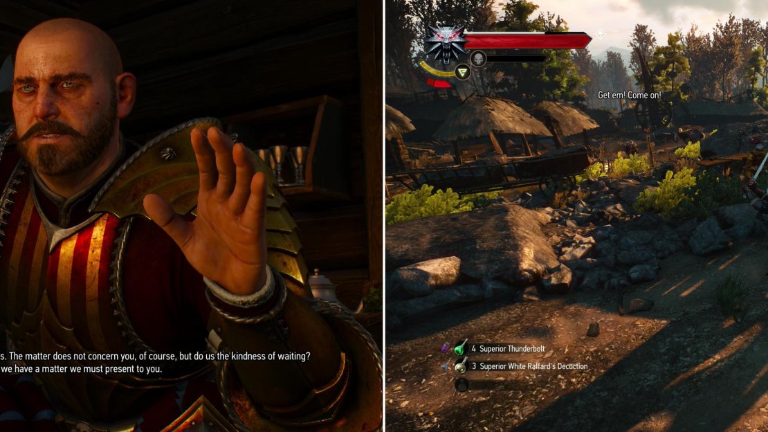In the village of Stonecutter’s Settlement you’ll find two knights from Toussaint (left), who have a bit of business for you after they deal with some bandits (right).