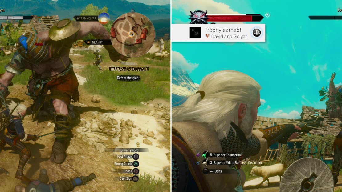 Golyat, despite his fearsome size and reach, doesn’t deal too much damage, and is easily dodged (left). While it’s a simple matter to cut down the giant with your swords, you can also use your crossbow and aim for the eye to score a one-shot kill… and a trophy (right).