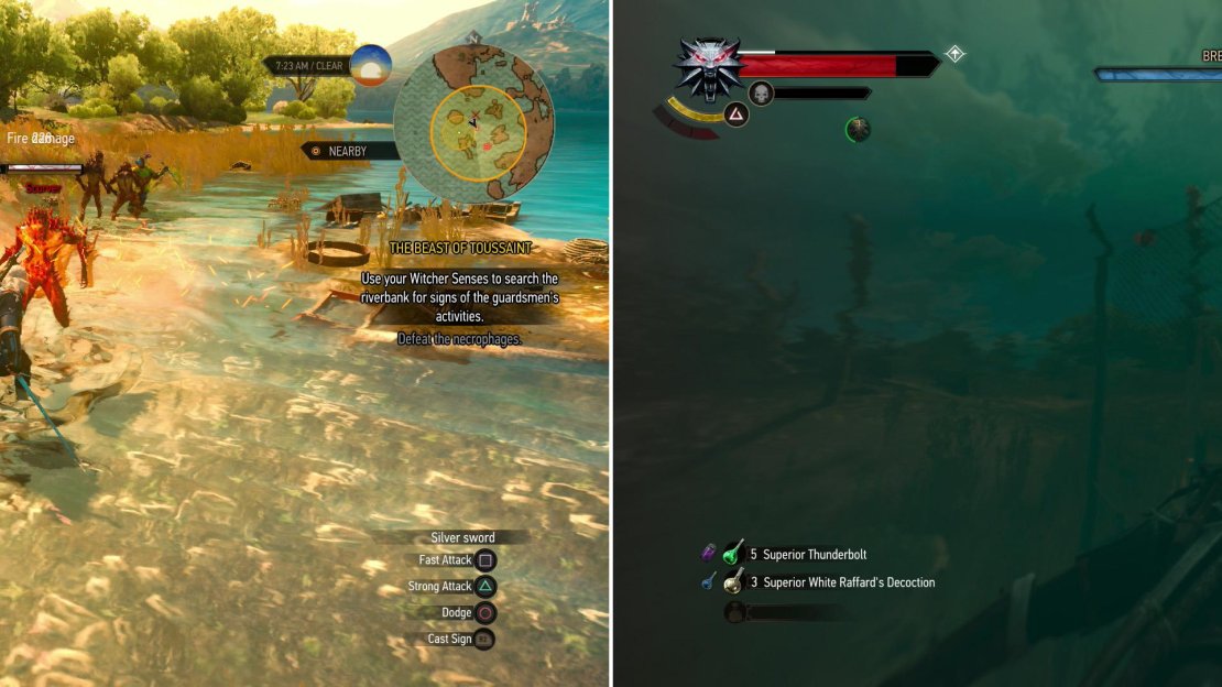 Defeat the necrophages on the shore (left) then search some fishing nets to find a monogrammed handkerchief (right).
