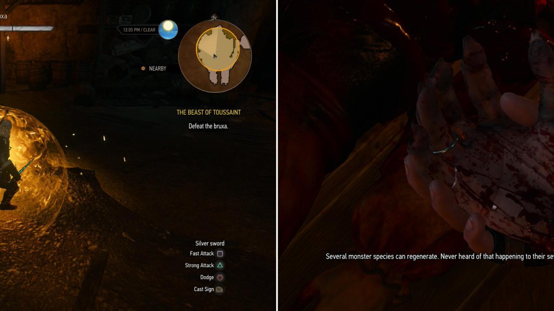 Despite her eagerness to fight, all her melee attacks can be easily repelled with Quen (left). Dispatch her, then search the beast’s third victim to discover why it drew the attention of a Bruxa (right).