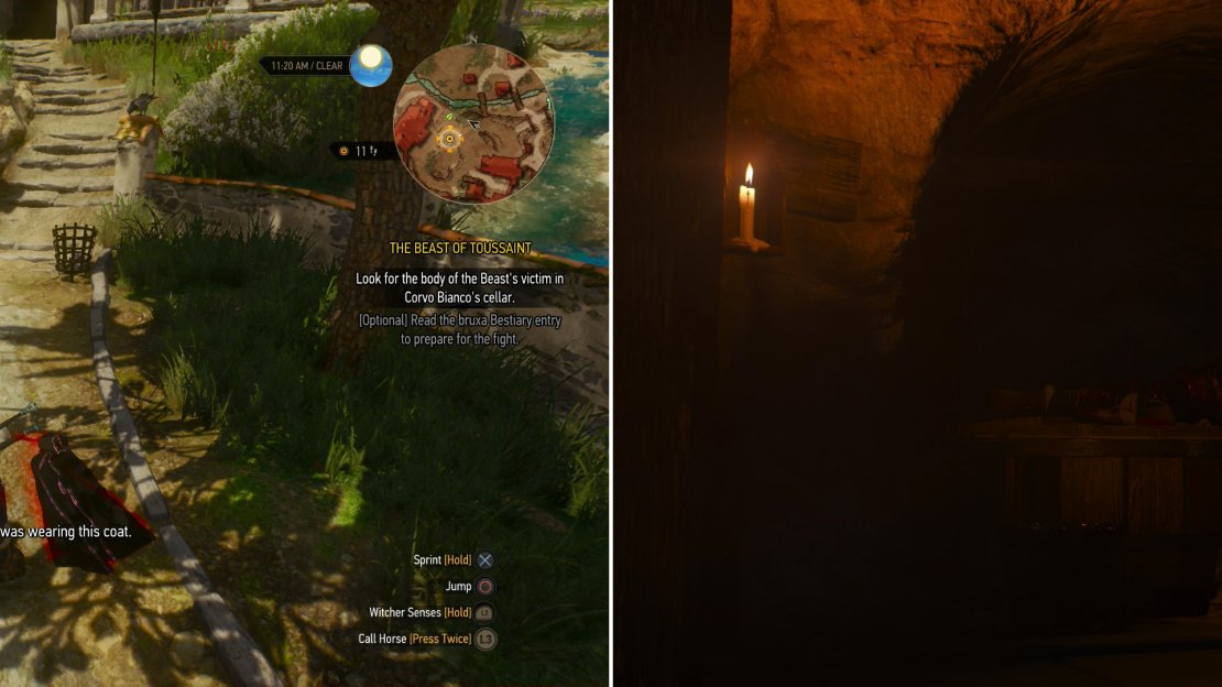 Search the clues around Corvo Bianco (left) and follow them into the cellar, where you’ll find the corpse from the river… and the other being searching for it (right).