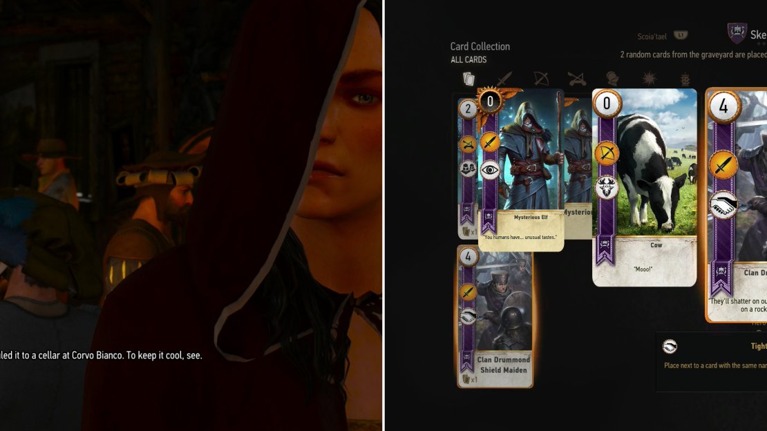 Visit the Cockatrice Inn and Geralt will learn about the body fished out of the river… but he’s not the only one looking for such information (left). Despite the implied expediency, waste some time playing Gwent with the Innkeep to score your first Skellige card (right).
