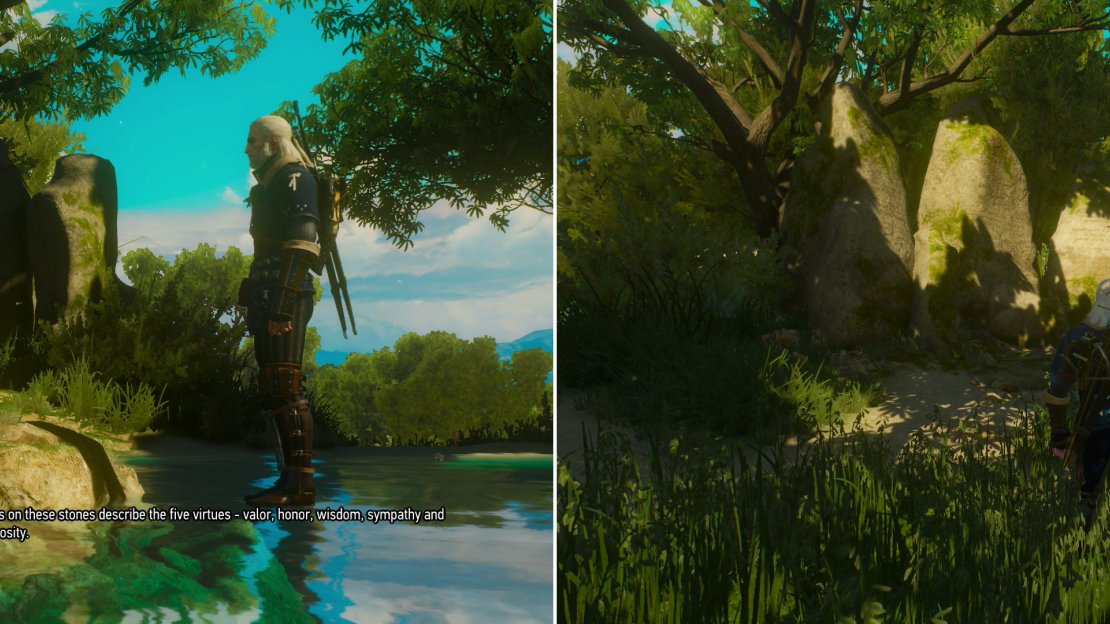Talk to the druid at the unusual lake to learn about a most potent treasure (left), then search some stones to learn about the five knightly virtues (right).