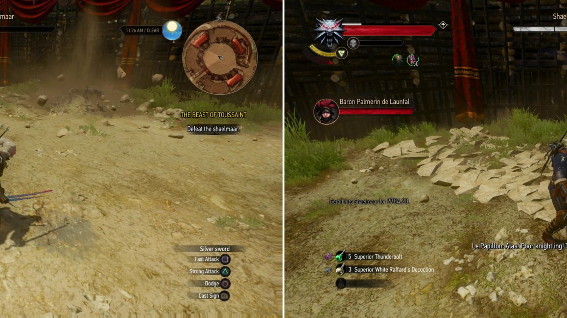 When pressured, the Shaelmaar may burrow and spin, dealing damage to anything nearby (left). Stand near the arena walls and dodge when it charges you. The resulting impact will stagger it and leave it vulnerable (right).