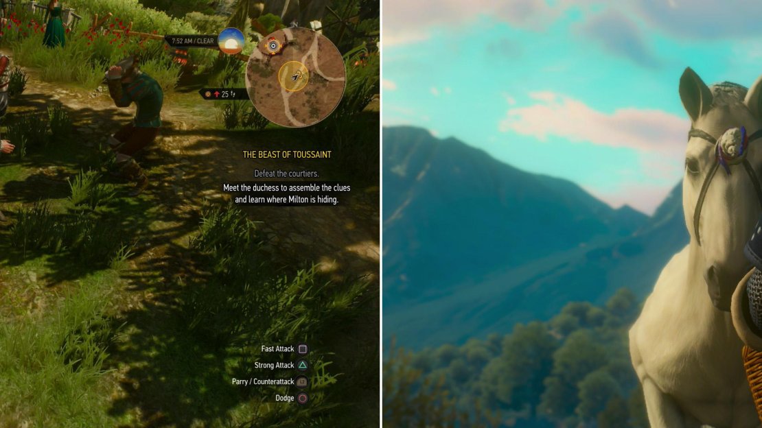 Using Axii on the “unicorn” will provoke party-goers (left). Steal a basket of carrots and lure the horse over to you to avoid causing a scene (right).