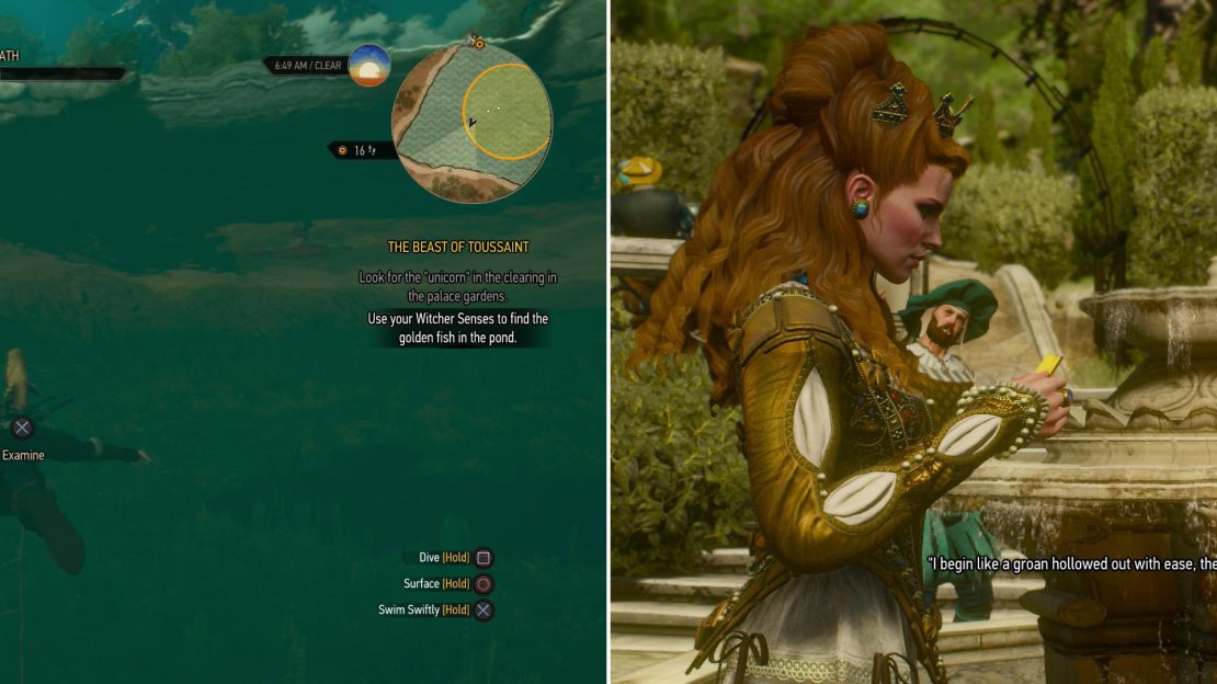 Dive into the pond in the duchal garden and search for a fish under a boat (left). When you have both clues, solve the riddle by saying “It’s a greenhouse” to prove your WISDOM (right).