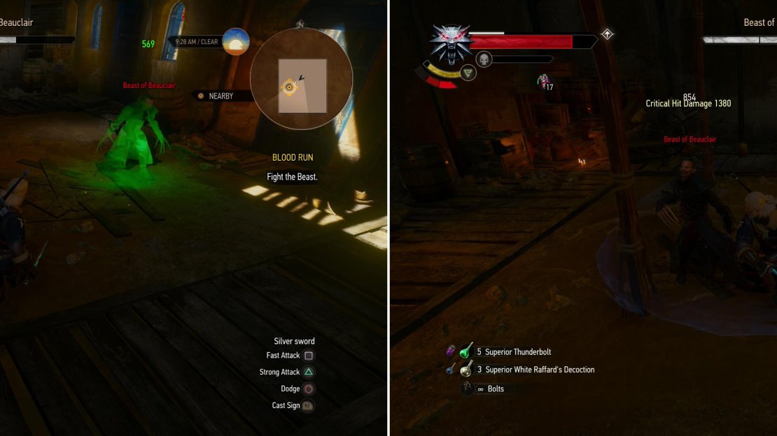 The Beast of Beauclair may take a breather from time to time and heal himself (left), but generally the healing is too weak to matter in light of a sustained offensive (right).