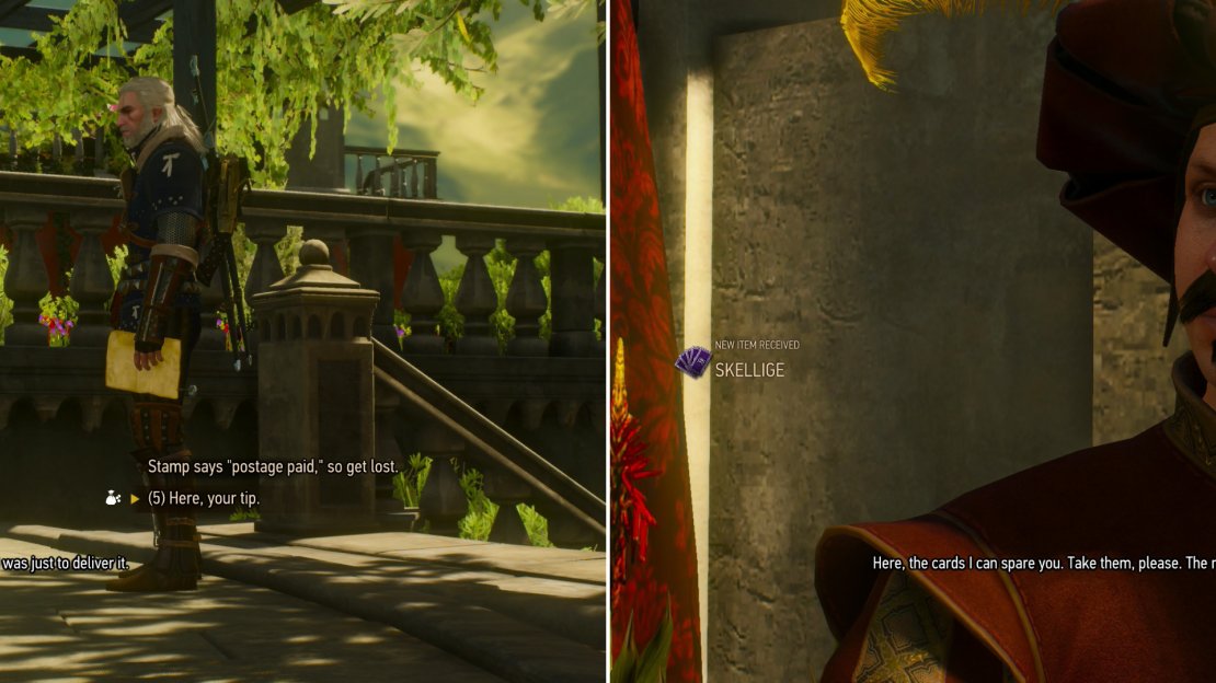 As you head through the city of Beauclair, you’ll receive a message from your main game lover. Tipping the messenger boy will demonstrate your GENEROUITY (left). Count Monnier will tell you about the Gwent tournament he’s running, and give you a starter deck of Skellige cards (right).