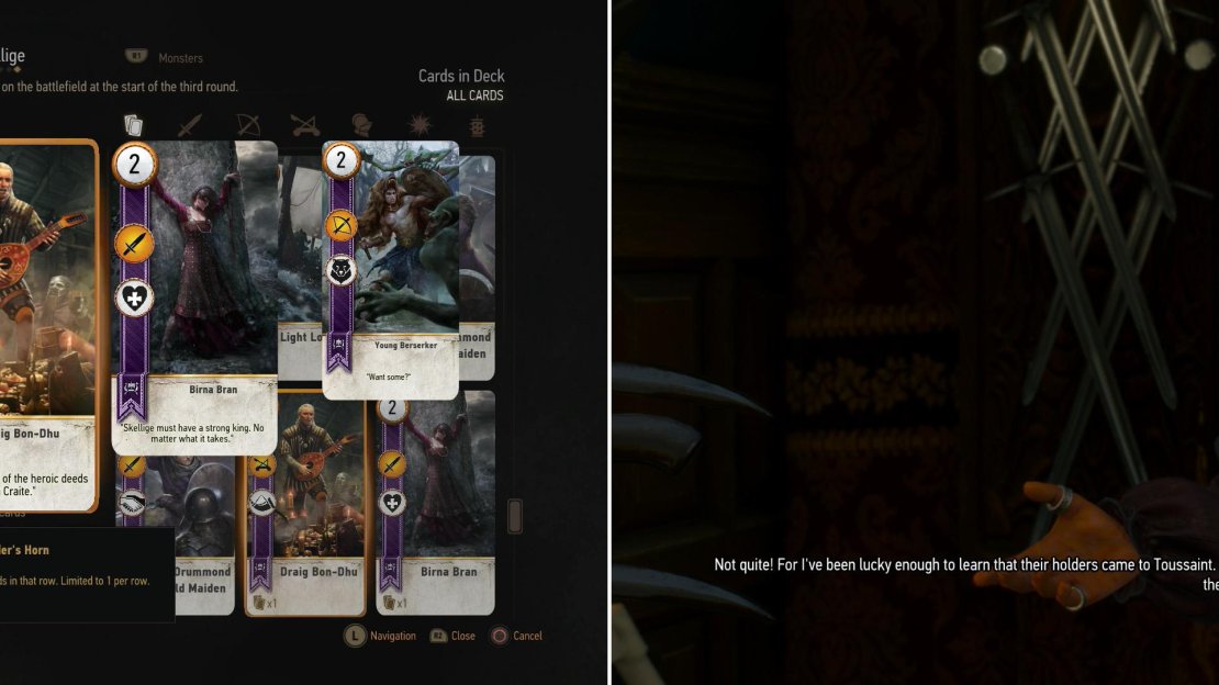 Play the Innkeep in The Pheasantry to win the Draig Bon-Dhu card (left). As you explore Beauclair you’ll run across a Vineyard Owner who promises to pay off and old debt (right).