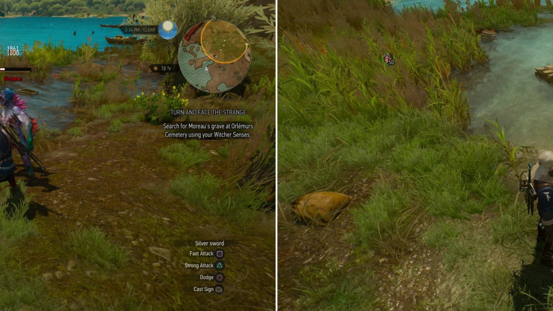 Kill the Drowners by the shore (left) then search a body in the water to start the quest “Treasure Hunt: The Last Exploits of Selina’s Gang” (right).