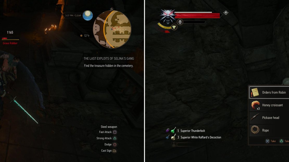Kill the bandits in the crypt (left) then search some sacks to find some “Orders from Robin” (right).