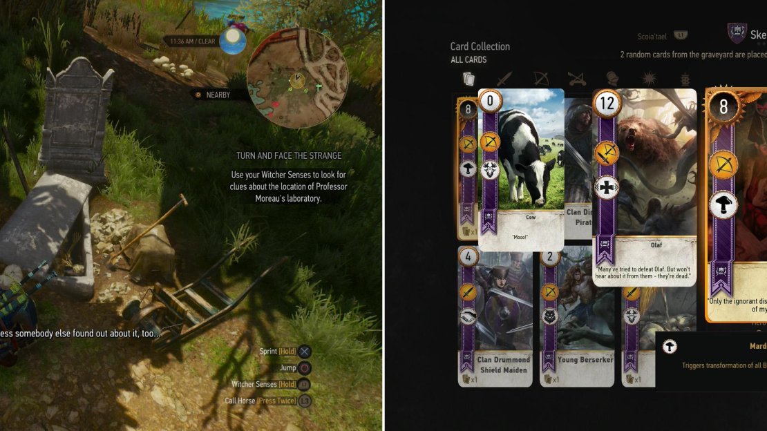 Search the grave of Professor Moreau (left), then make your way to Francollarts, where you’ll be able to win the Ermion card off an Innkeep (right).