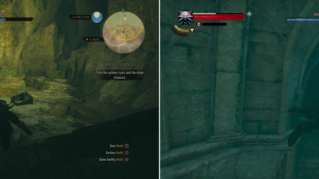 You’ll find some treasure in some flooded elven ruins (left), as well as the portal to Moreau’s laboratory (right).
