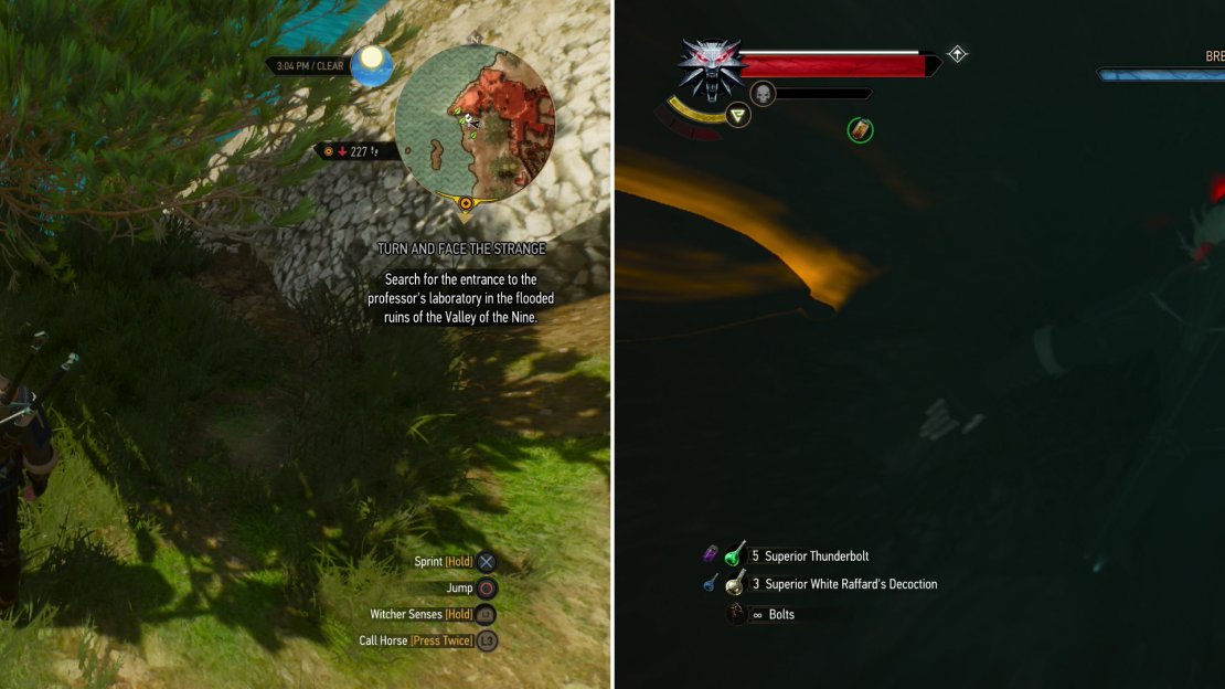 Search under a tree to find the Escape Artist’s Journal (left) then swim into the submerged part of the prison to find a key on a skeleton (right).
