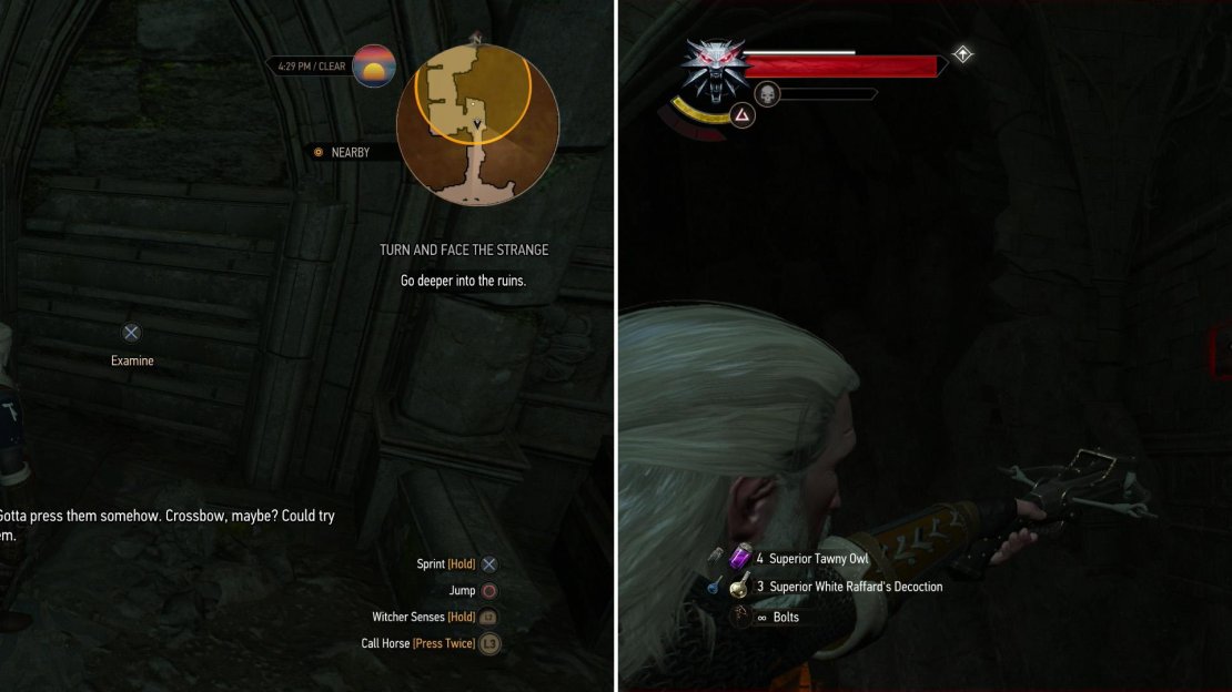 Search the locks that bar your way (left) then search the chamber for pressure plates you can shoot with your crossbow (right).