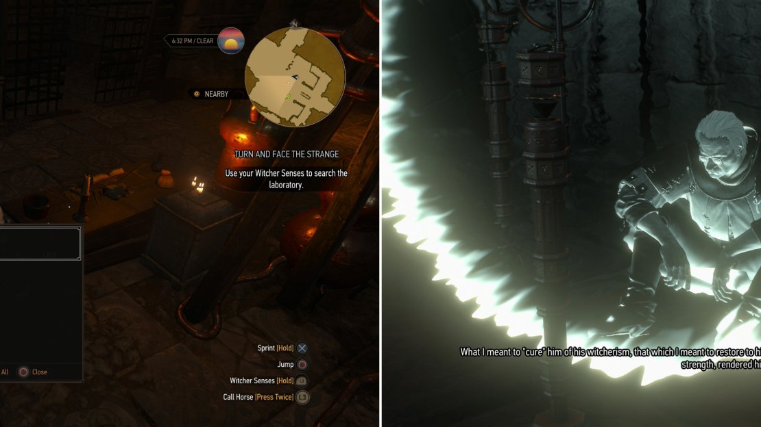 Search the laboratory for Megascope Crystals (left) and use them to watch Moreau’s old logs detailing his experiments (right).
