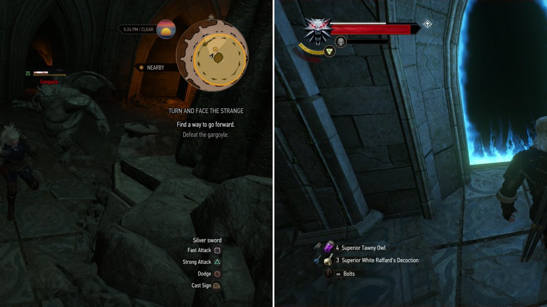 Defeat a Gargoyle (left) and claim its paw, then navigate the portals by entering them in the correct order (right).
