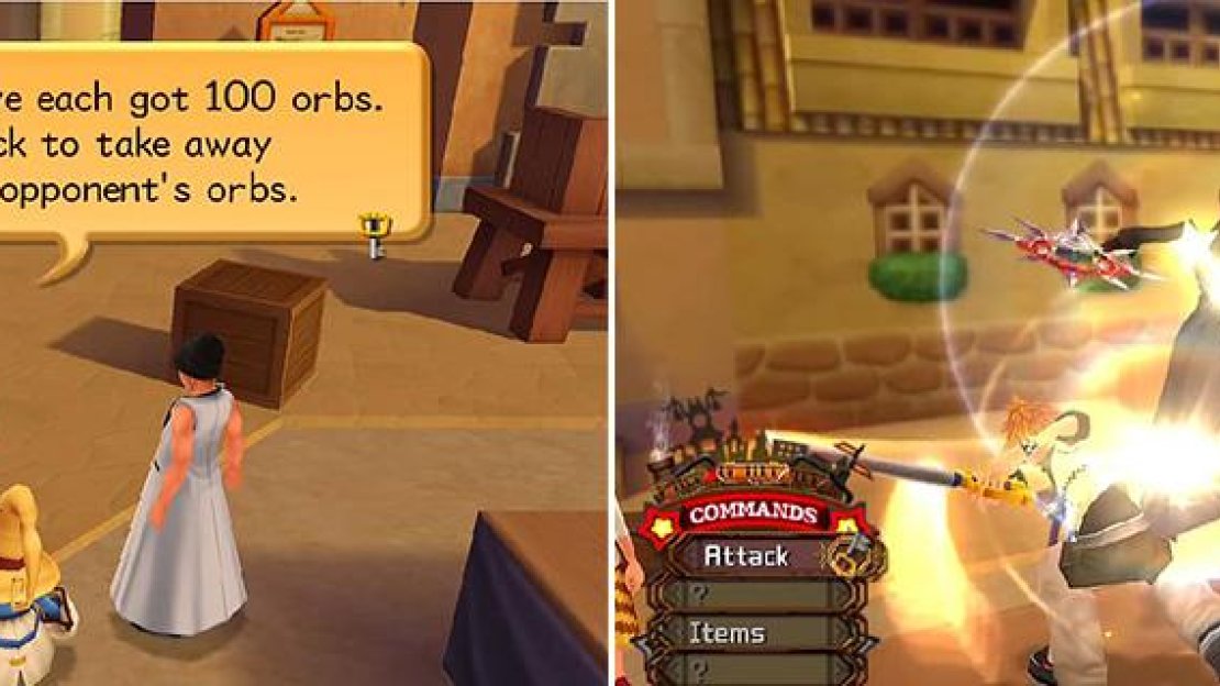 You must attack your opponent enough to get 200 orbs and avoid being attacked (left). Axel himself is pretty easy this first time (right).