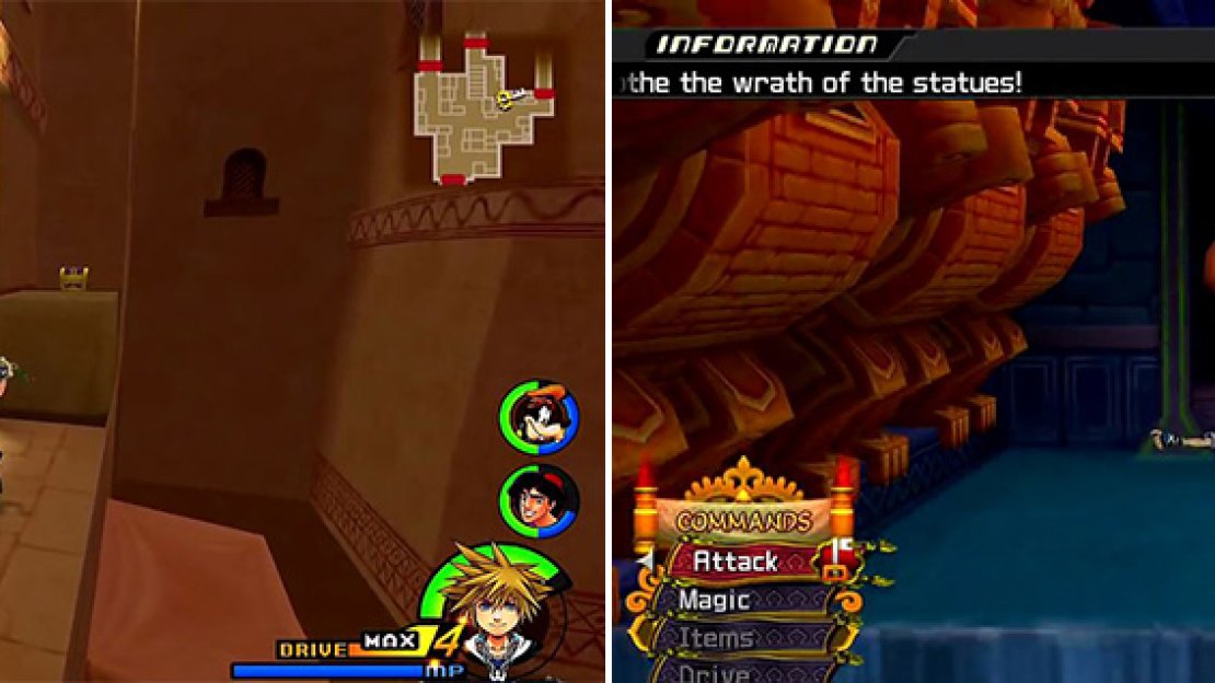 Look all around Agrabah for chests hidden in nooks (left). When leading Abu (right), you must jump the water yourself and order him to do so too.