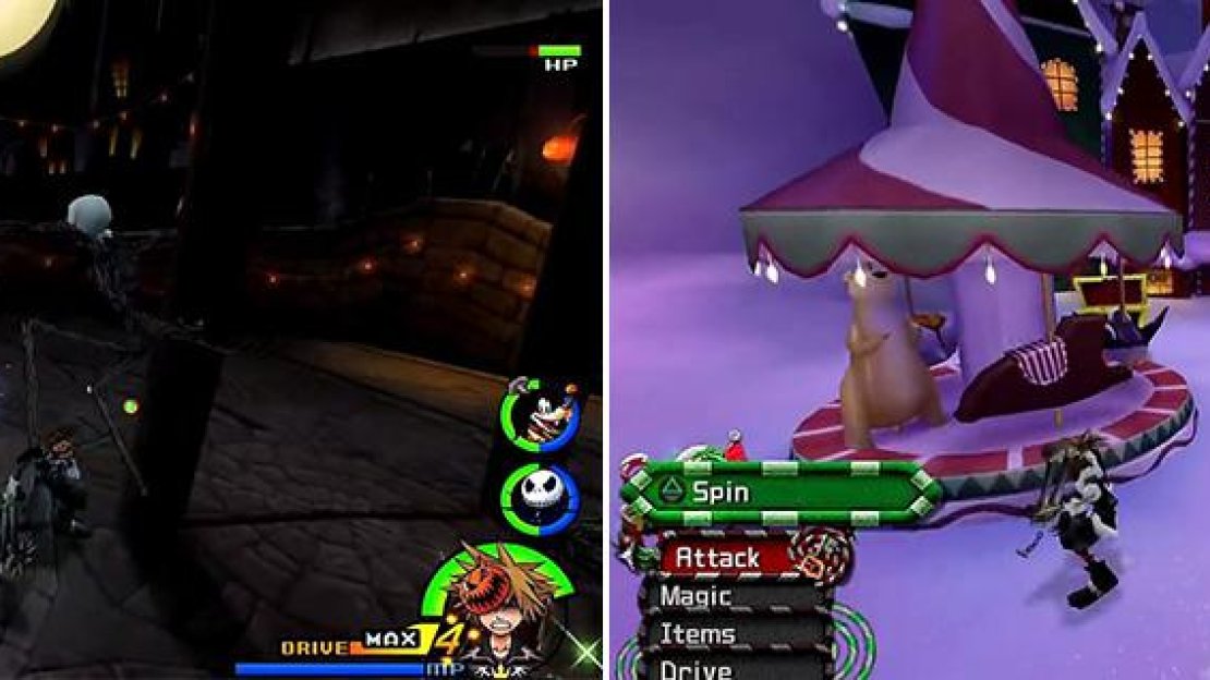 There are some weird creatures in Halloween Town (left). Hit the carousel (right) to help you defeat the enemies faster.