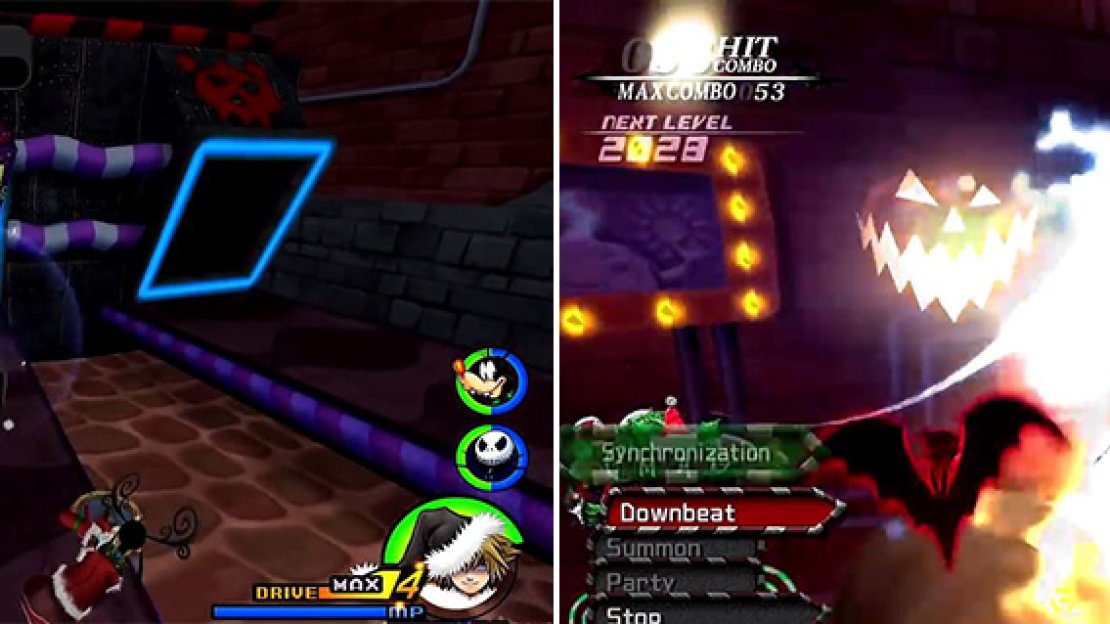 Hit the presents (left) while avoiding attacks from Oogie Boogie. Using the Limit (right) when Oogie Boogie reappears will make short work of him.