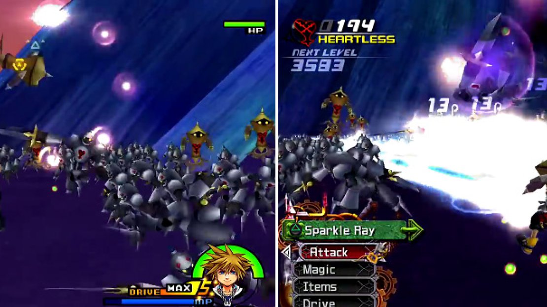 You can use the gold Heartless as weapons. Snag them (left) and then use Sparkle Ray (right) to defeat multiple Heartless in a row.
