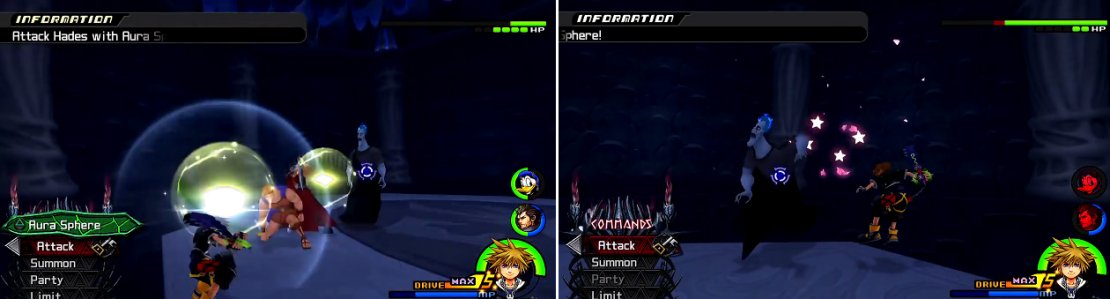 Hit the Aura Spheres (left) at Hades to turn him blue. Once this is done, you can deal some good damage up close (right) or keep hitting the Spheres at him.