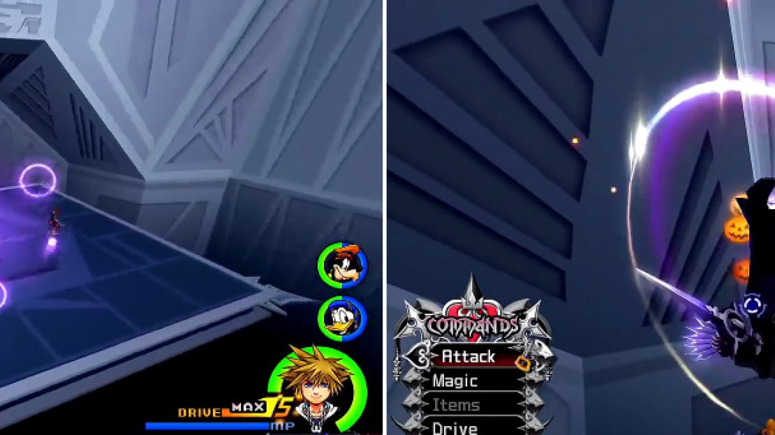 Xigbar will start out by sniping you (left) so keep running and wait for the Reaction Command to stop him. After, you must be patient when trying to reach him as he dodges around a lot but he will stop eventually (right).