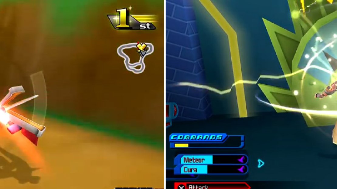 Hit this ramp (left) during the race for a nice shortcut. Beneath Disney Town is a place where you must use Thunder spells (right) to access some items.