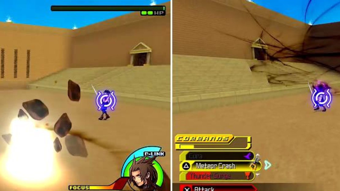 Zack uses Meteor (left) which you will need to avoid by dashing around. If you see him start to use a skill (right) then unleash Shotlock or another strong attack on him to finish him.