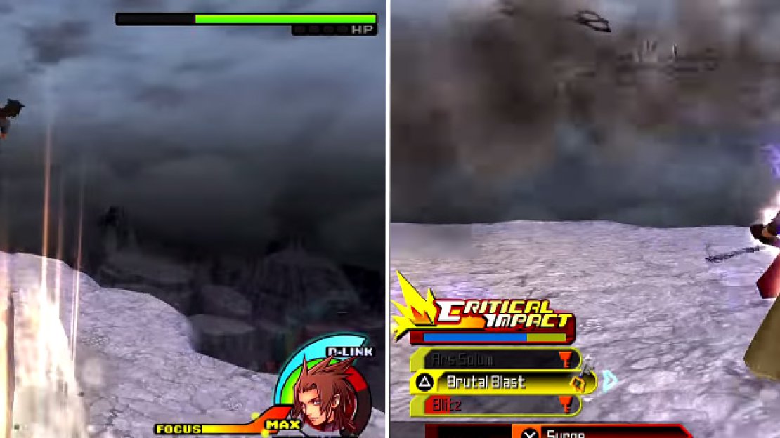 Xehanort uses the ground underneath you to launch you into the air (left). He also summons a storm of keyblades (right) that can be very damaging.