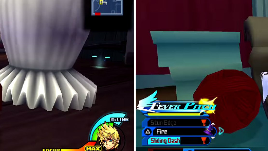 You can use the yarn balls to reach items too high for you (left). The dress items will glow as you get near to them (right).