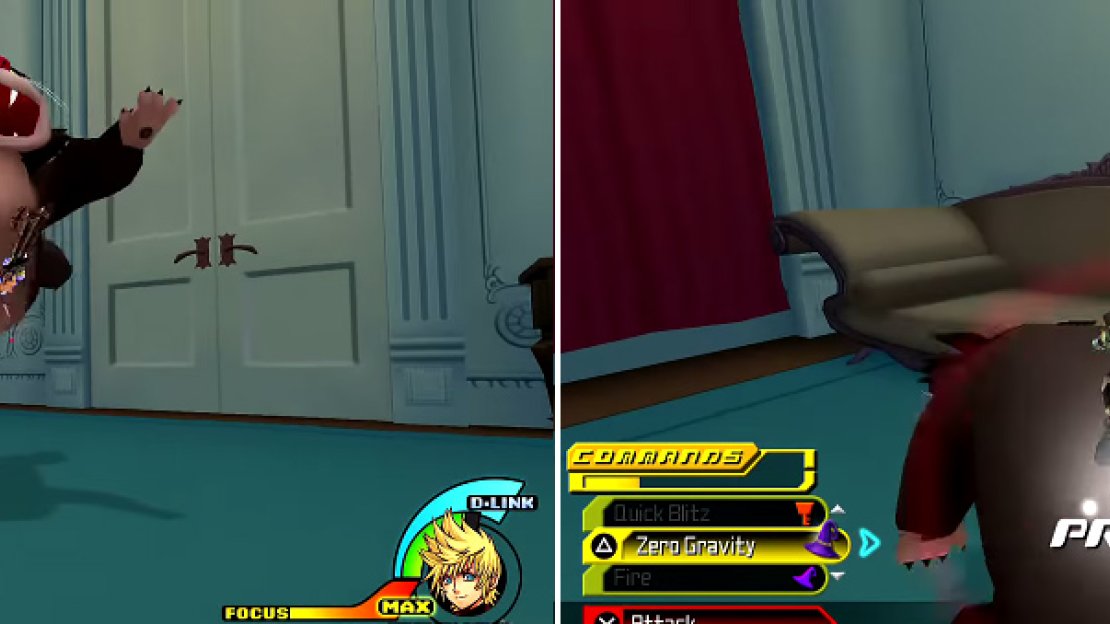 Lucifer will leap on top of the furniture and then pounce on you (left). At this point, dive on his back and execute the buttons shown (right) to deal massive damage.