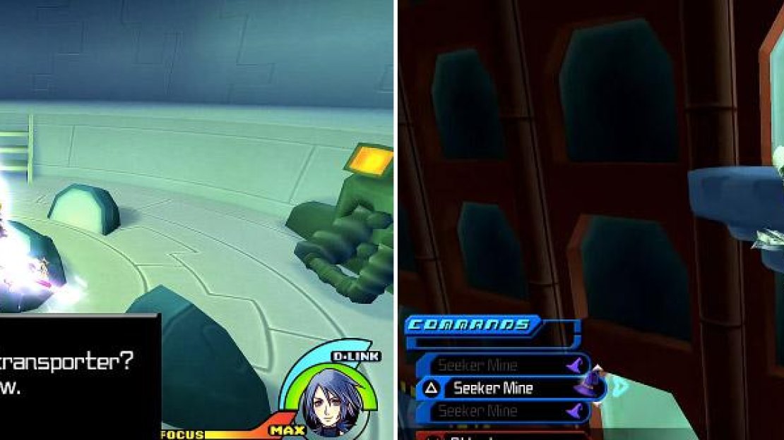 You can use the transporters (left) to travel around. You can also use air dash to reach far away platforms (right).