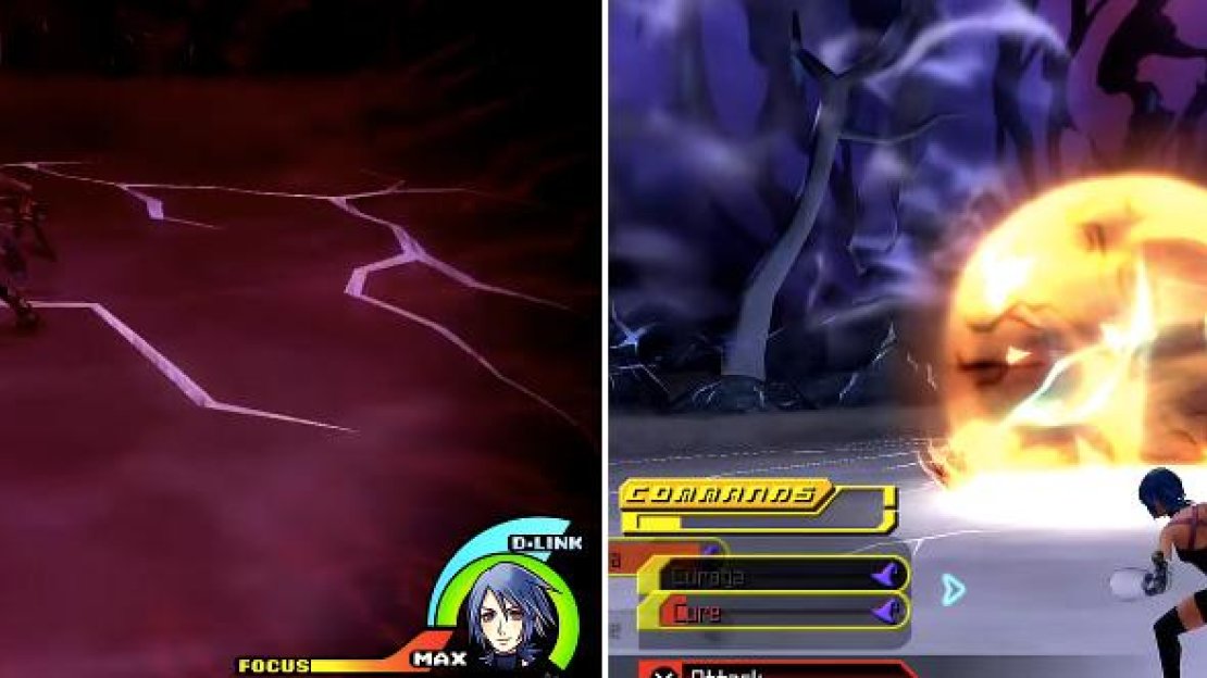Dark Hide switches to his point of view (left) periodically for the first part of the fight. You can dodge this attack. He also uses an attack like a Mega Flare (right) which must be dodged to avoid massive damage.
