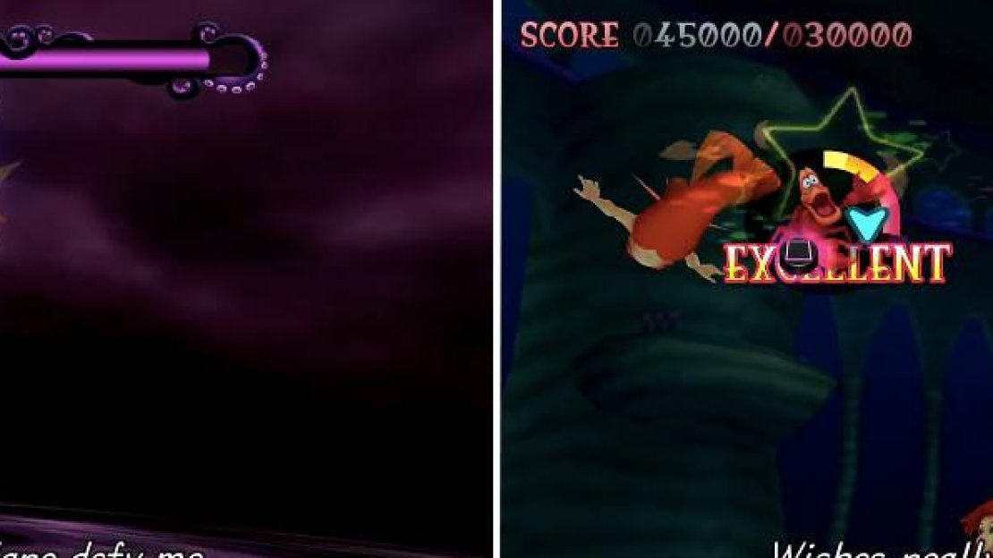 The Ursula battle consists of mashing X (left) and timing X right like you were doing. The final song combines all previous ways into one song (right).