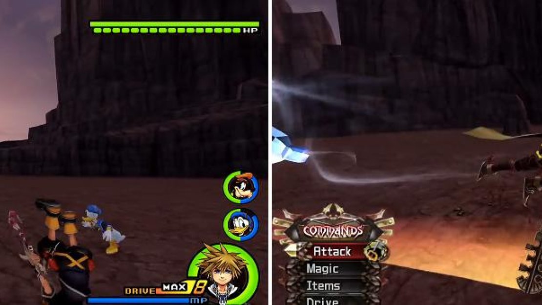 Keyblade Glider (left) can be dodged just as he swooshes towards you. Keyblade Thrust (right) should be guarded just as his arm goes up to stop the combo.