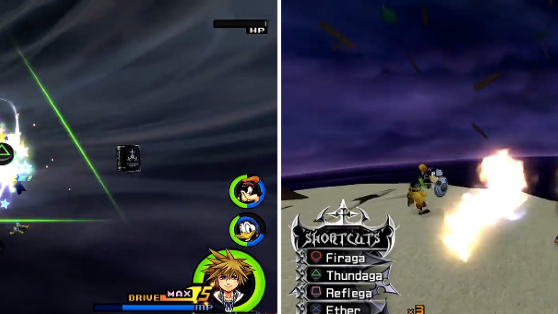 When you get swallowed by the book (left) fight your way through until you get the option to Dispel. After returning to the island, trap Zexion in a corner and spam Firaga (right) to avoid any other phases of the fight.