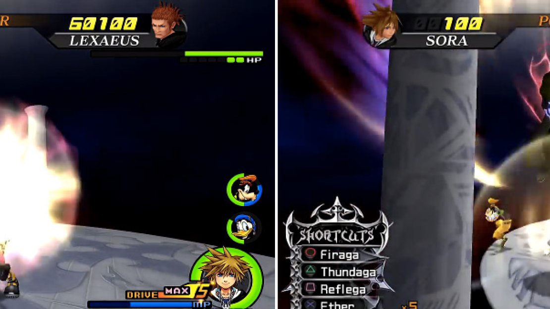 Ground Impact is signified by Lexaeus disappearing and then rushing at Sora (left). He will also continually use Quake (right) in various ways.