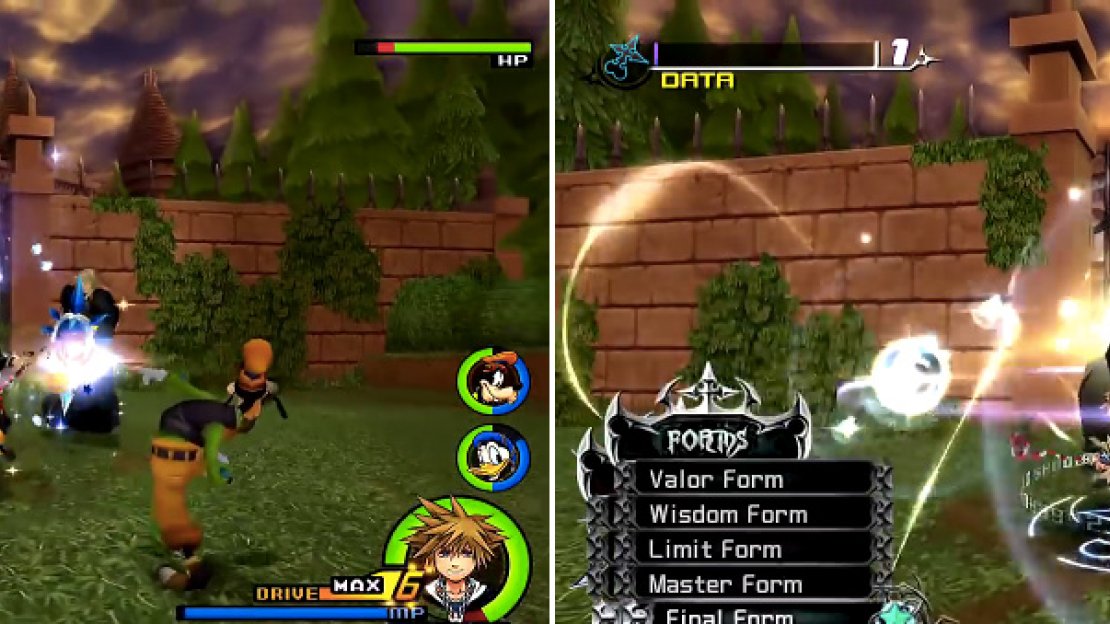 Try to avoid the circle (left) so Vexen cannot collect data. Once the shield is broken, select a Form (right) to finish him off quickly.