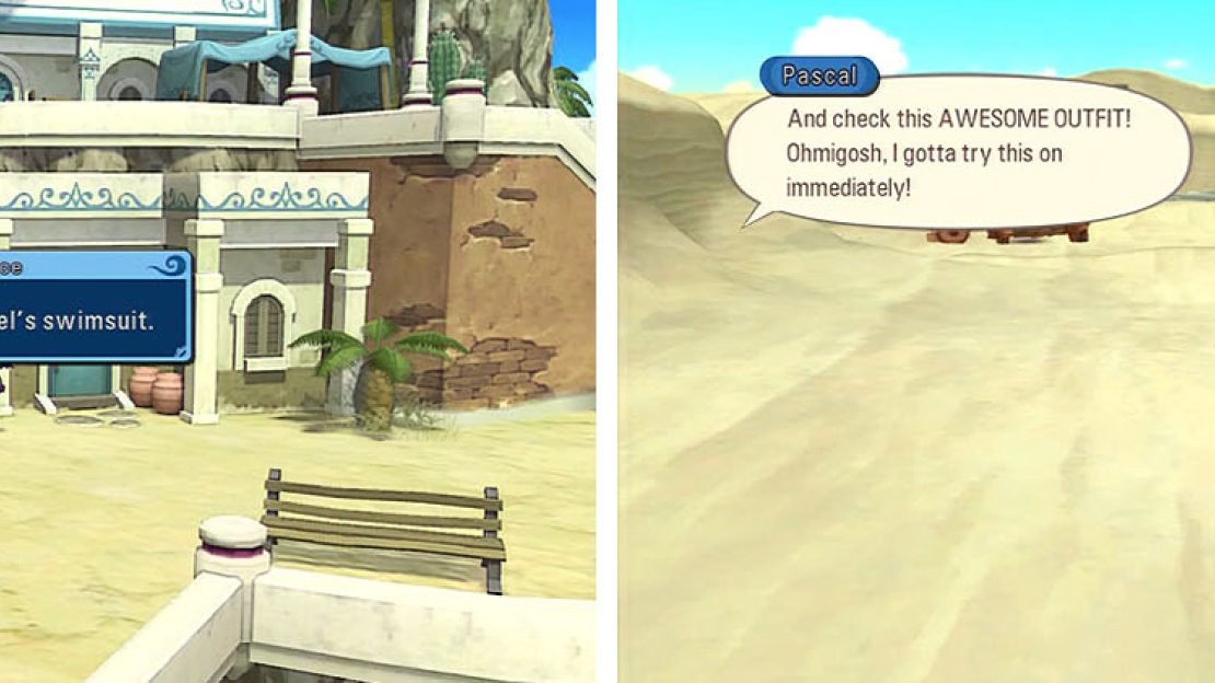 Secure Asbel’s swimsuit (left) and then head to the Sandshroud ruins to begin to gather Pascal’s outfits.