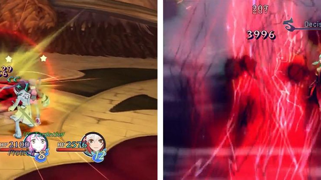 Avoid fighting Emeraude at close range or you’ll just get stunned and pushed back (left). Also, if you get hit by her Mystic Arte prepare a Life Bottle (right).