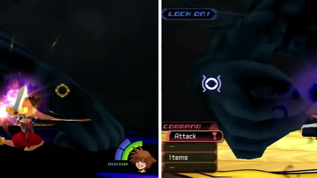 Darkside uses Shadow Summon (right), and crouches down to use Darkness Orb (left).