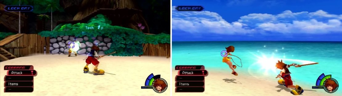 Wakka will throw his Blitzball at you (left), knock it back to stun him. Selphie (right) doesn&rsquo;t offer much of a fight.