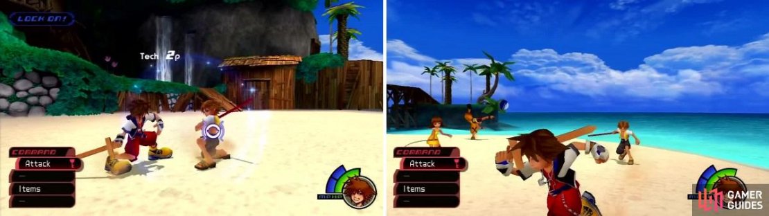 Time your strike against Tidus to get Tech Points (left). When fighting all of them, give yourself some space to take them out one by one.